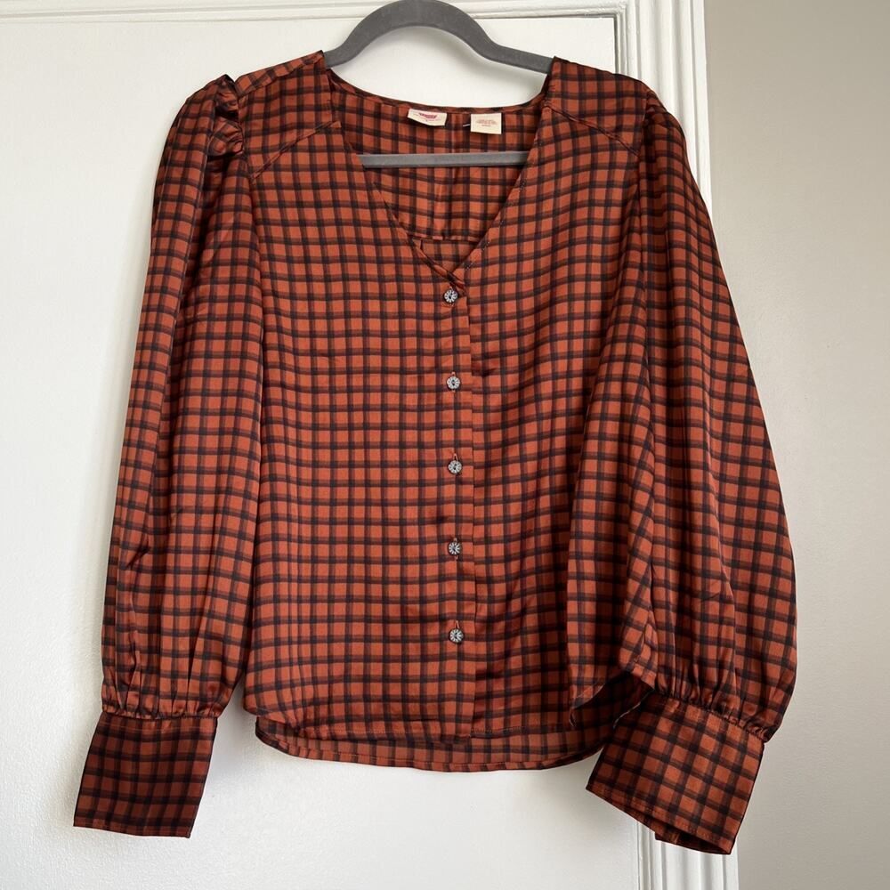 LEVI’S Sz S Satin Kit Blouse Plaid LS V-neck Button Up Collarless NWOT